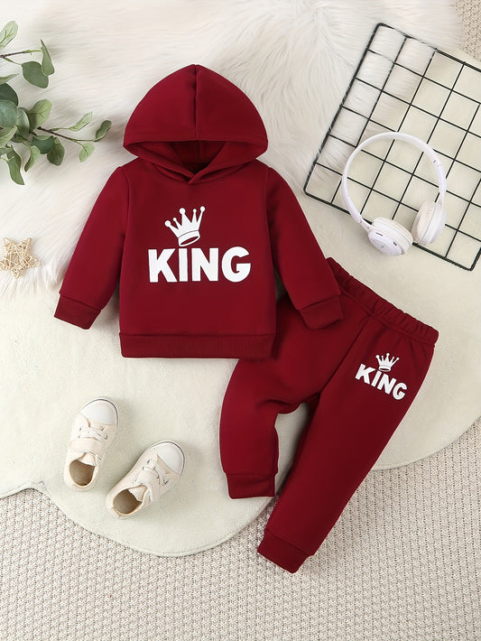 Boys' 2pcs Fall/Winter Outfit, Warm Crew Neck Sweatshirt with "KING" Print & Long Sleeves, Rib-Knit Polyester Knit Fabric, Regular Fit with Matching Pants, Alphabet Pattern, Sports Style, for Outdoor