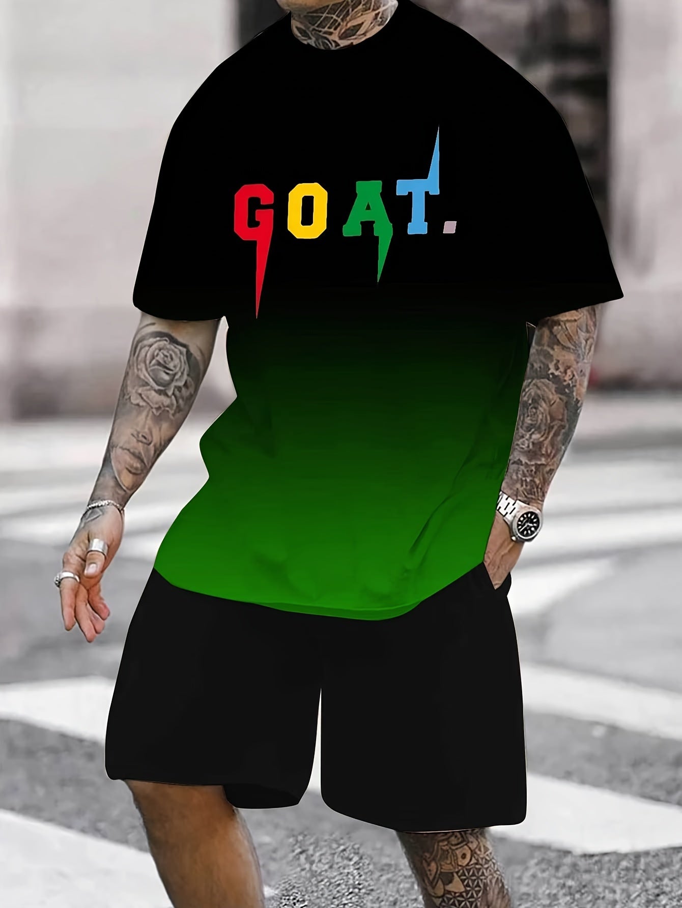 Men's Summer Sportswear Set - Breathable Polyester Gradient "GOAT" Print T-Shirt & Black Shorts, Casual 2pcs Jogging Tracksuit with Colorful Stripes, Workout Clothes