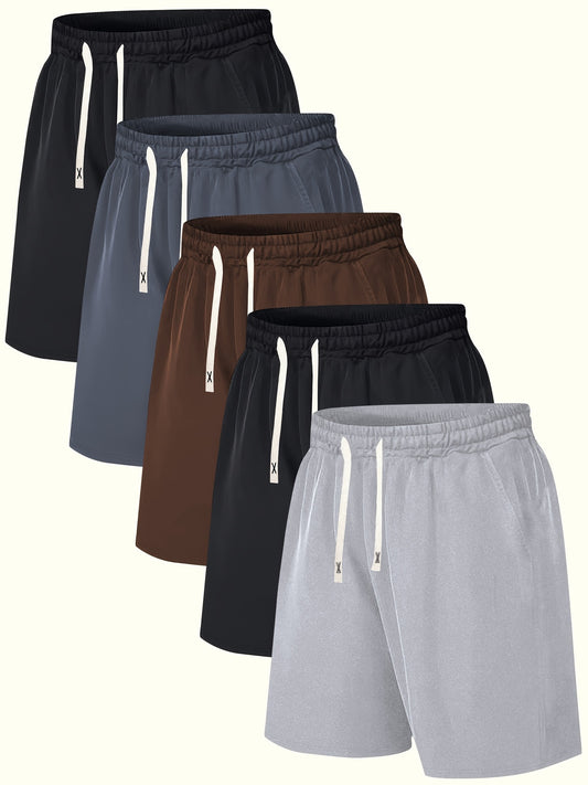 5pcs Men's Athletic Shorts - Lightweight, Polyester Blend, Elastic Waistband, Casual Summer Beachwear