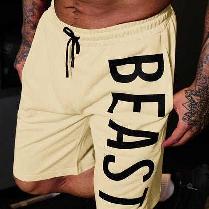 Letter Print "BEAST" Shorts With Drawstring And Pockets, Chic And Stylish Sports Shorts For Men's Summer Fitness And Outdoors Wear