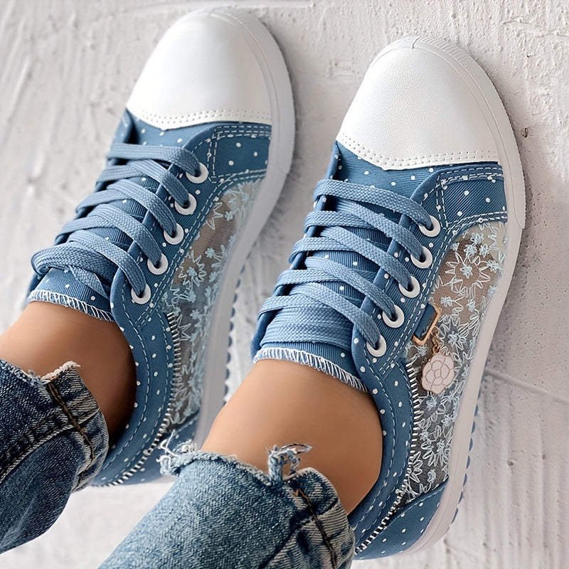 [Floral Mesh Sneakers] Light Blue Women's Floral Mesh Sneakers - Lace-Up Low Tops with Rhinestone Accents, Casual Shoes, Synthetic Cover Sole