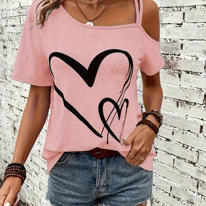 Casual Cold Shoulder Heart Print - Short Sleeve Backless Asymmetrical Top, Women's Clothing T-shirt