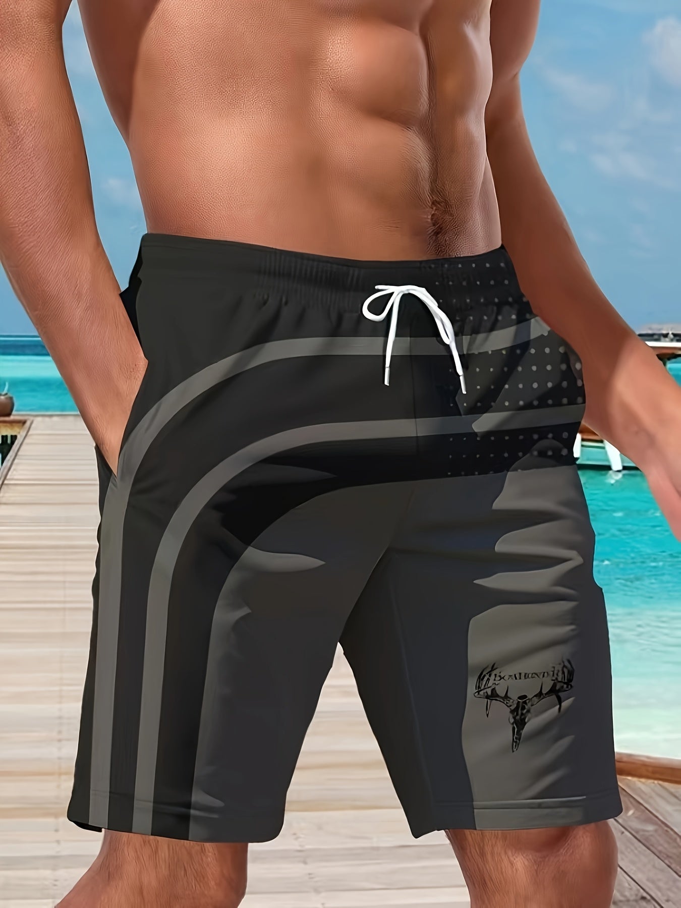 Men's Stylish Geometric Print Swim Trunks with Pockets, Breathable Drawstring Waist, Black & Gray Design, Perfect for Beach & Outdoor Activities