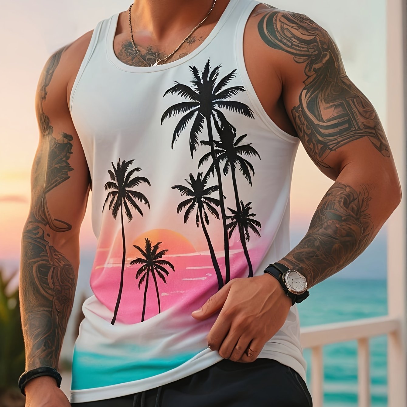 Men'S Stylish Beach Tank Top with Trendy Palm Tree Design. Premium Quality Digital Print.