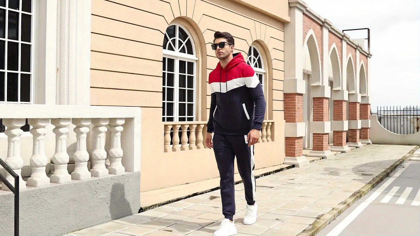 [2-piece Athletic Tracksuit Set] 2-piece Color Block Men's Athletic Tracksuit Set, Casual Long Sleeve Hoodie With Drawstring And Jogging Pants Set For Gym Workout Running