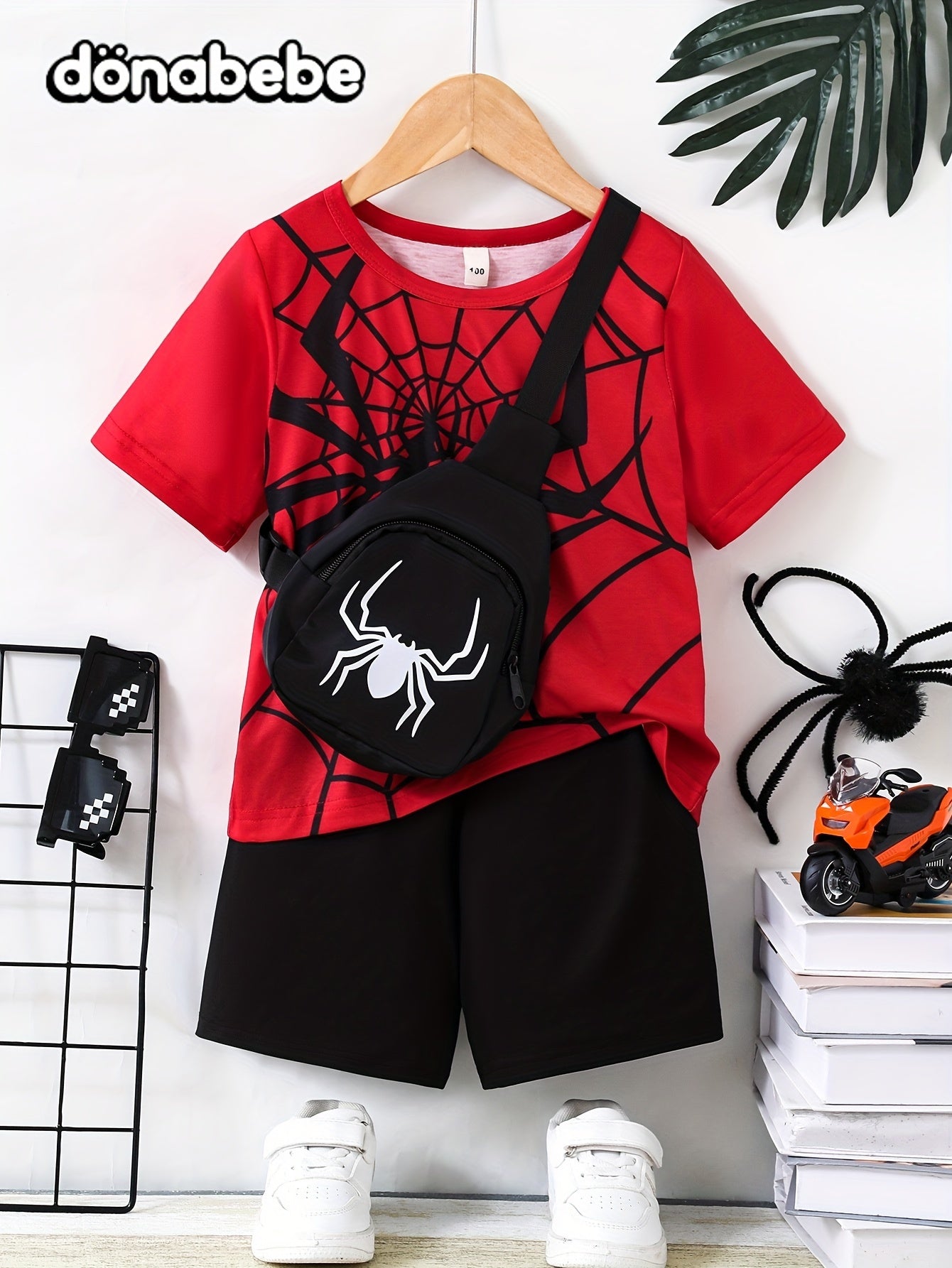 Boy's Cartoon Spider & Web Pattern 2pcs Casual Outfit, T-shirt & Bag & Shorts Set, Boy's Clothes For Summer Daily & Outdoor Wear