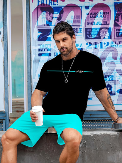 New Men'S Trendy Black And Blue Mixed Striped T-Shirt And Shorts Set with 3D Printed Letter Patterns, Perfect for Home Gatherings And Ideal for Summer Outdoor Activities And Casual Wear - Comfortable Fit, Complete Two-Piece M