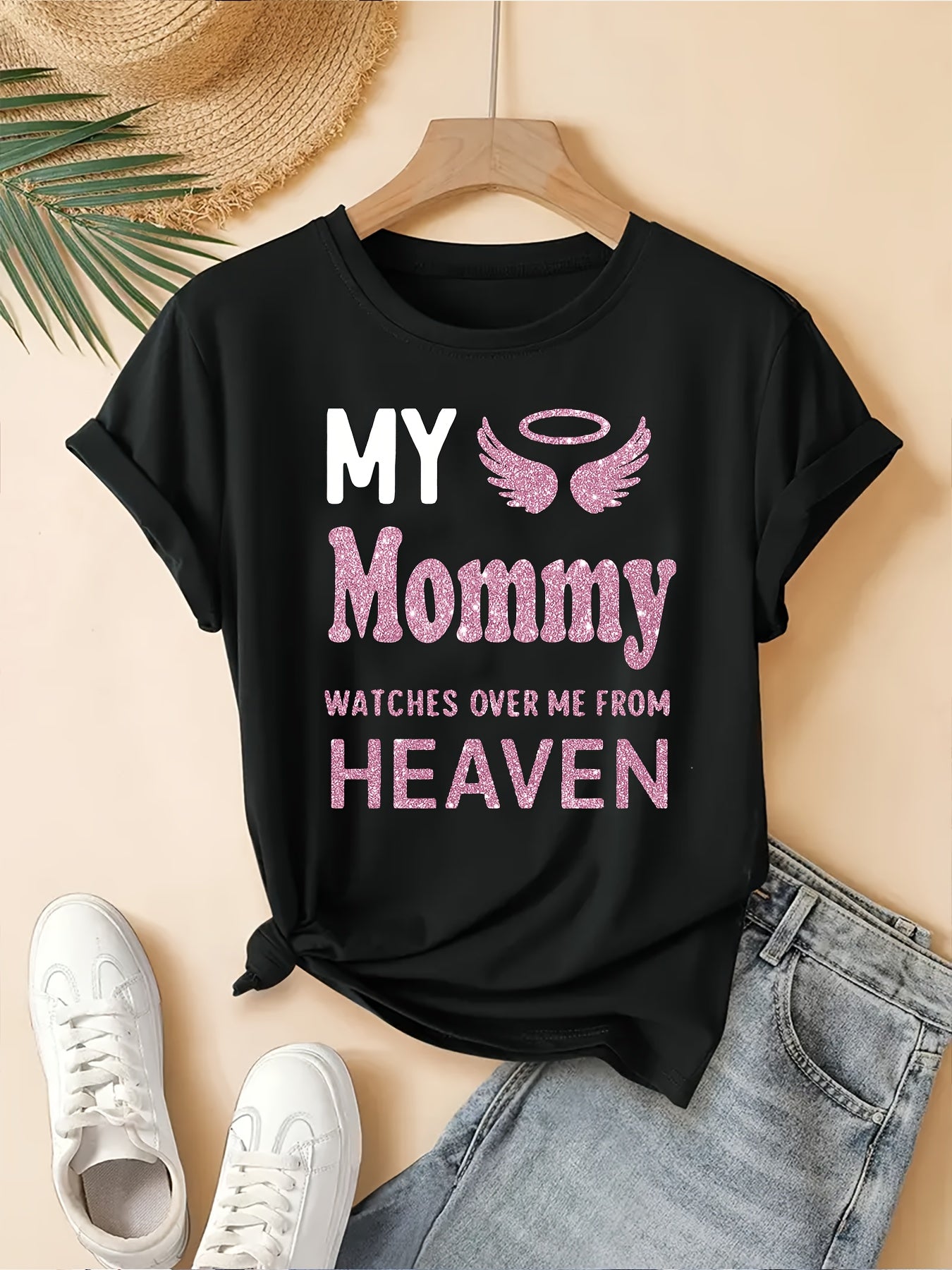 Women'S "My Mommy Watches Over Me from Heaven" Graphic T-Shirt - Casual Crew Neck, Short Sleeve, Comfortable Knit Top, Machine Washable, Ideal for Outdoor Activities and Casual Attire, Ladies T Shirts