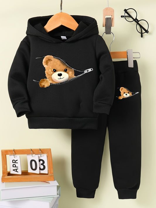 Cartoon Style Bear Graphic Print, Boy's Trendy Co Ord Set, Cozy Pullover Hoodies & Casual Versatile Cuffed Sweatpants, Ideal For Daily And Outdoor Wear, Autumn And Spring Outfit