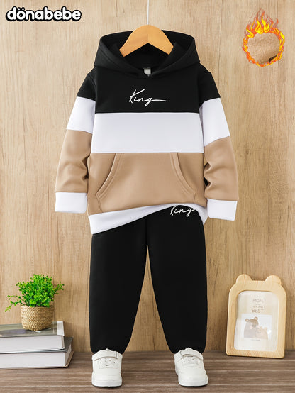 Cozy Boys' Fleece-Lined Hoodie & Joggers Set - KING Letter Print, Casual Sportswear for Fall/Winter, Perfect for Outdoor