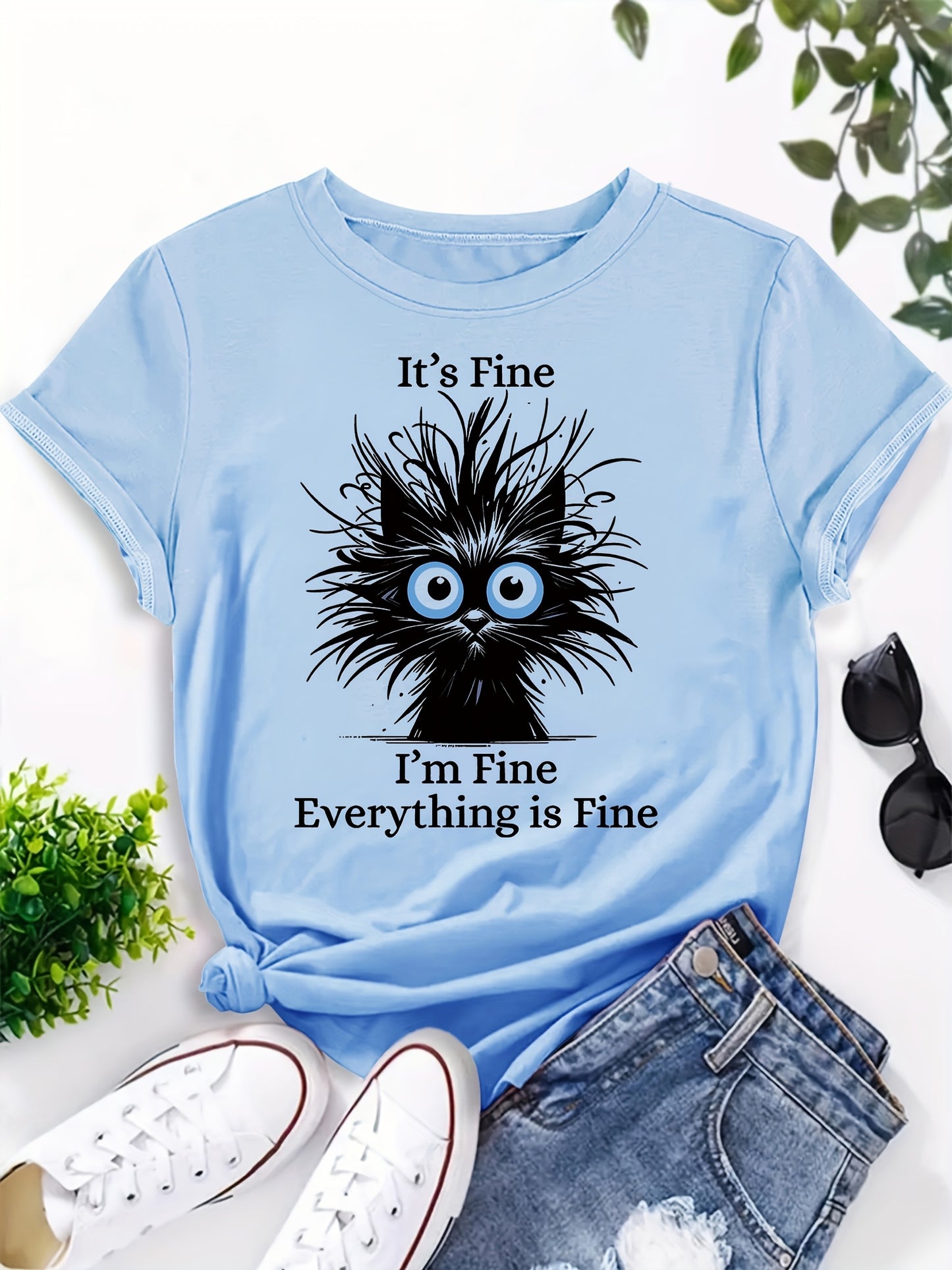 [Light Blue Cat Graphic Tee] Whimsical 'It's Fine, I'm Fine, Everything is Fine' Cat Graphic Tee for Women - Light Blue, Casual Fit with Round Neck, Short Sleeves, Polyester, Machine Washable