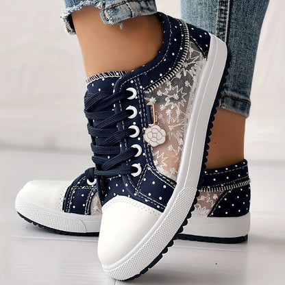 [Floral Mesh Sneakers] Light Blue Women's Floral Mesh Sneakers - Lace-Up Low Tops with Rhinestone Accents, Casual Shoes, Synthetic Cover Sole