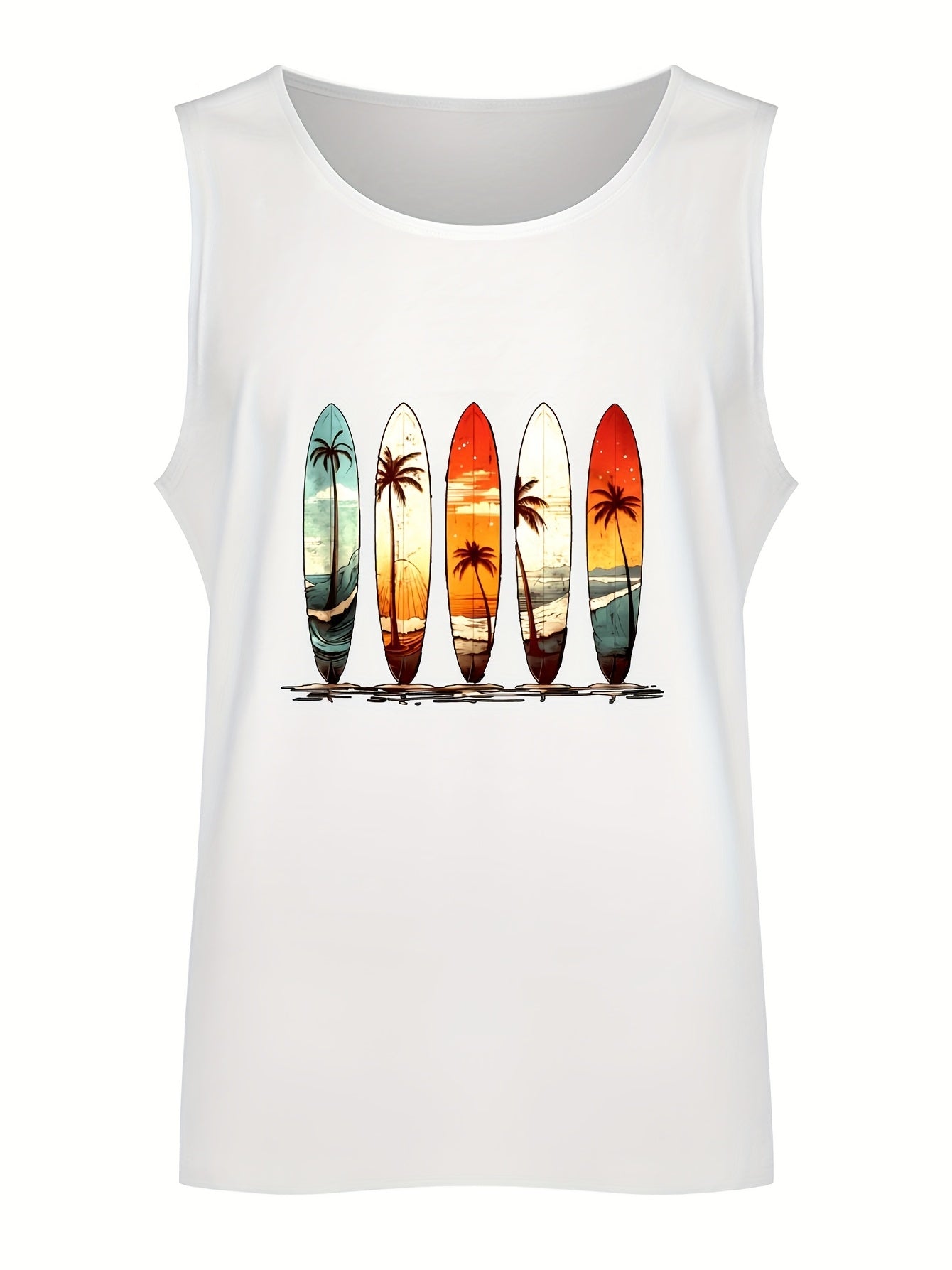 Men's Cotton Graphic Tee - Comfy, Casual, Sleeveless Tank Top with Beach Palm Trees Print for Summer Outdoor Wear