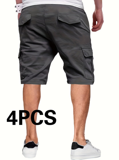 4-Pack Men'S Casual Cargo Shorts, Solid Color, 100% Polyester, Non-Stretch Woven Fabric, Loose Fit, 135g/m², Summer Fashion