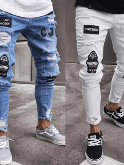 [Skinny Ripped Men Jeans] Men Casual Skinny Ripped Jeans, Stretch Distressed Slim Fit Pants, Destroyed Zipper Holes Embroidery Trousers