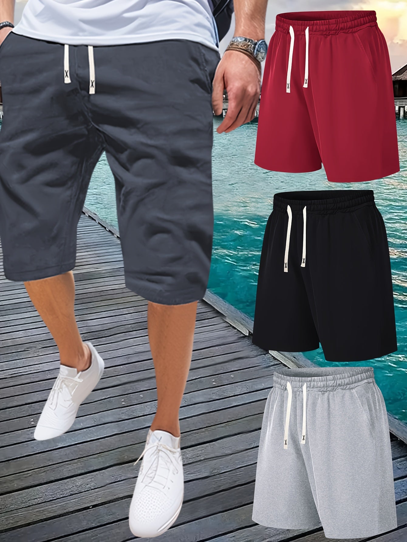 Summer Solid 4pcs Men's Drawstring Shorts - With Pockets For Outdoor Sports and Beach Holiday