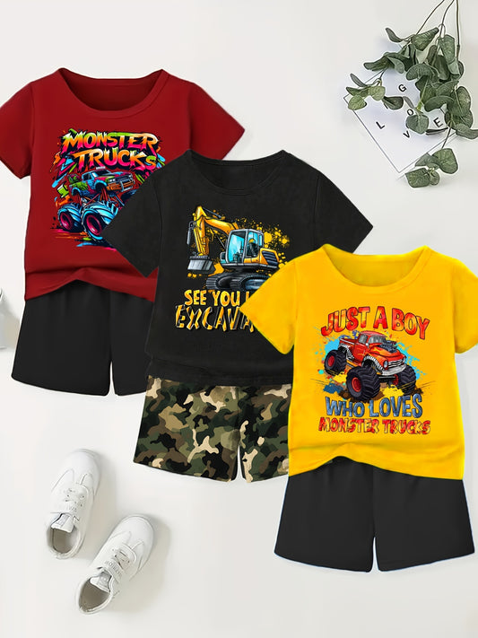 3set/6pcs Boy's Monster Truck & Excavator & Racing Car Graphic Short Sleeve T-shirt + Solid Color & Camouflage Shorts Set, Casual Comfy Summer Clothing As Gift, Ideal For Daily And Outdoor Wear