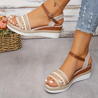 [Stylish Ankle Buckle Sandals] Women's Stylish Sandals, Ankle Buckle Strap Platform Walking Shoes, Comfort Wedge Vacation Shoes