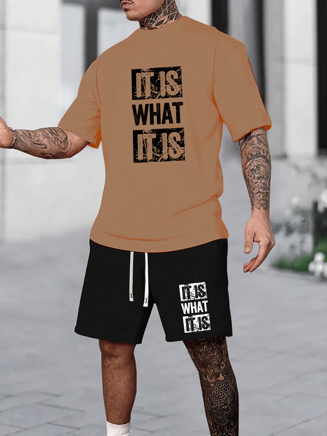 Summer Sportswear Set for Men - Vibrant Orange "IT IS WHAT IT IS" T-Shirt & Black Drawstring Shorts, Polyester Blend, Machine Washable