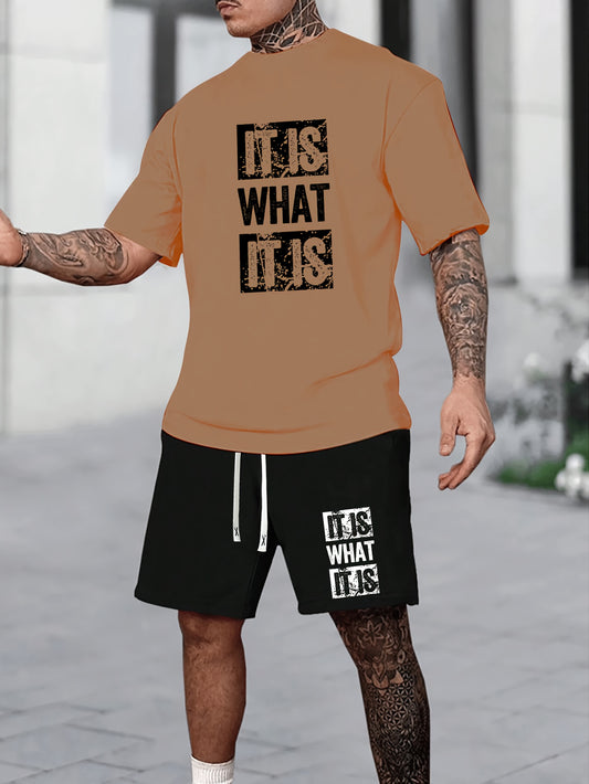 Summer Sportswear Set for Men - Vibrant Orange "IT IS WHAT IT IS" T-Shirt & Black Drawstring Shorts, Polyester Blend, Machine Washable