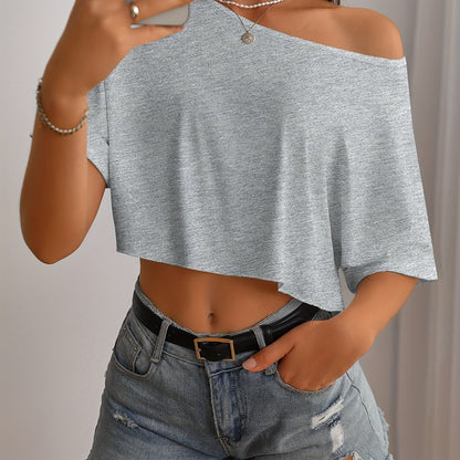 [Polyester Off-Shoulder Crop Top] Breathable Polyester Blend Off-Shoulder Crop Top T-Shirt - Casual Style, Machine Washable, Solid Color, Perfect for All Seasons