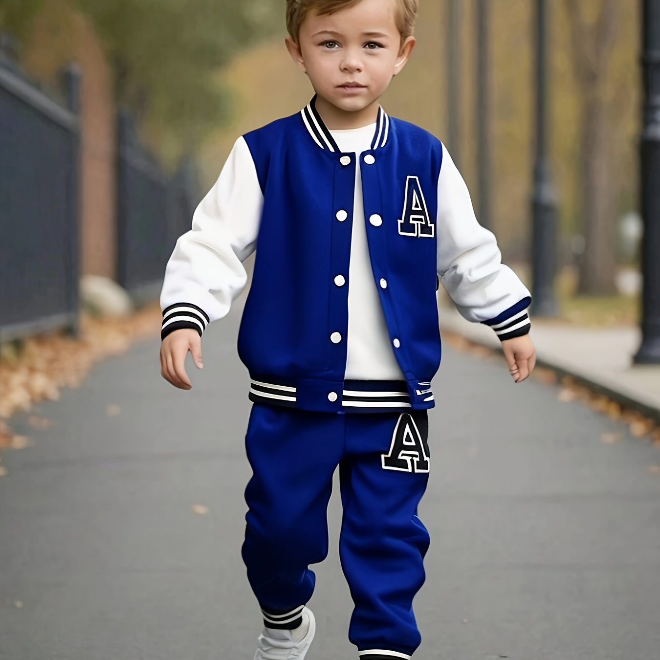 Boys' 2pcs Fall/Winter Casual Polyester Knit Baseball Suit with Long Sleeve Crew Neck Jacket and Matching Pants, Alphabet Print, Regular Fit - Button Detail, for Outdoor