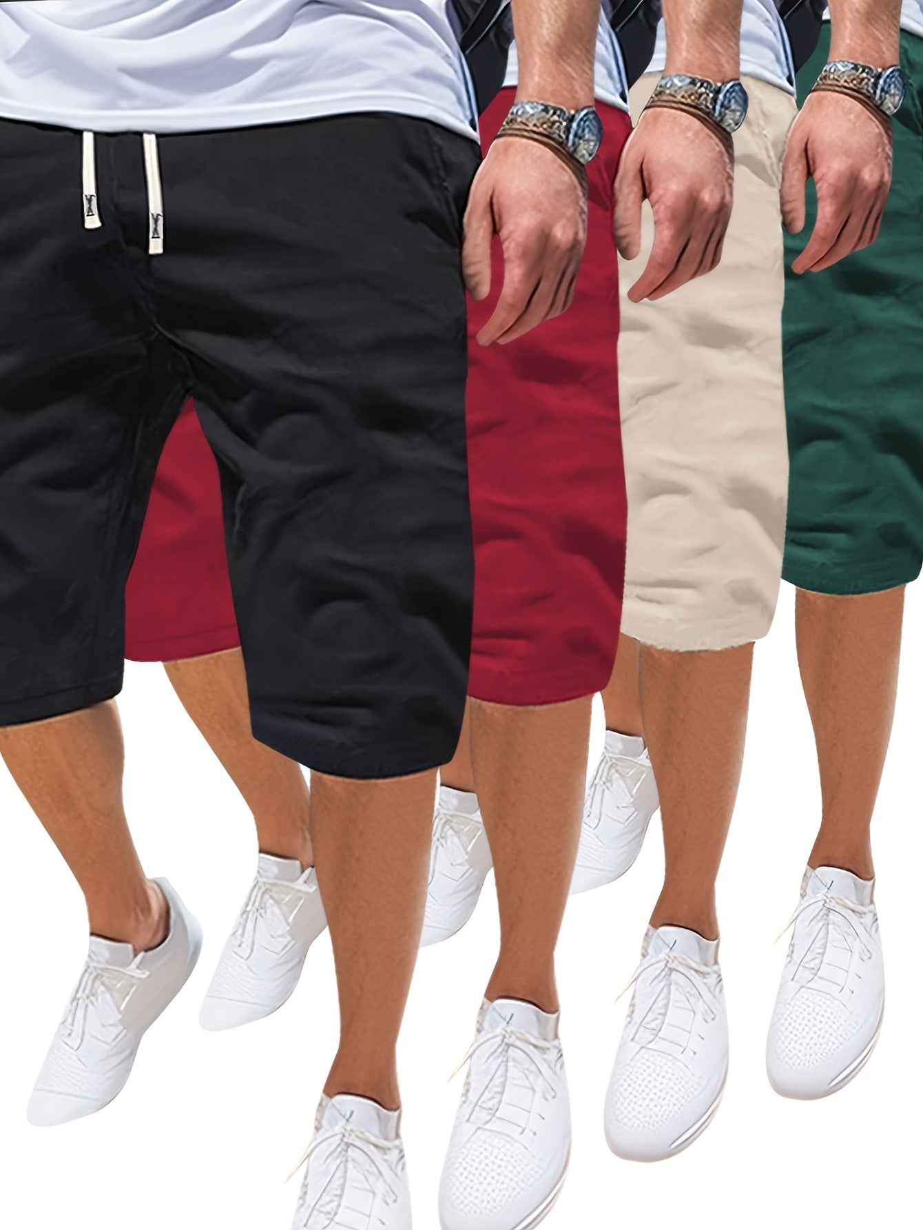 Summer Solid 4pcs Men's Drawstring Shorts - With Pockets For Outdoor Sports and Beach Holiday