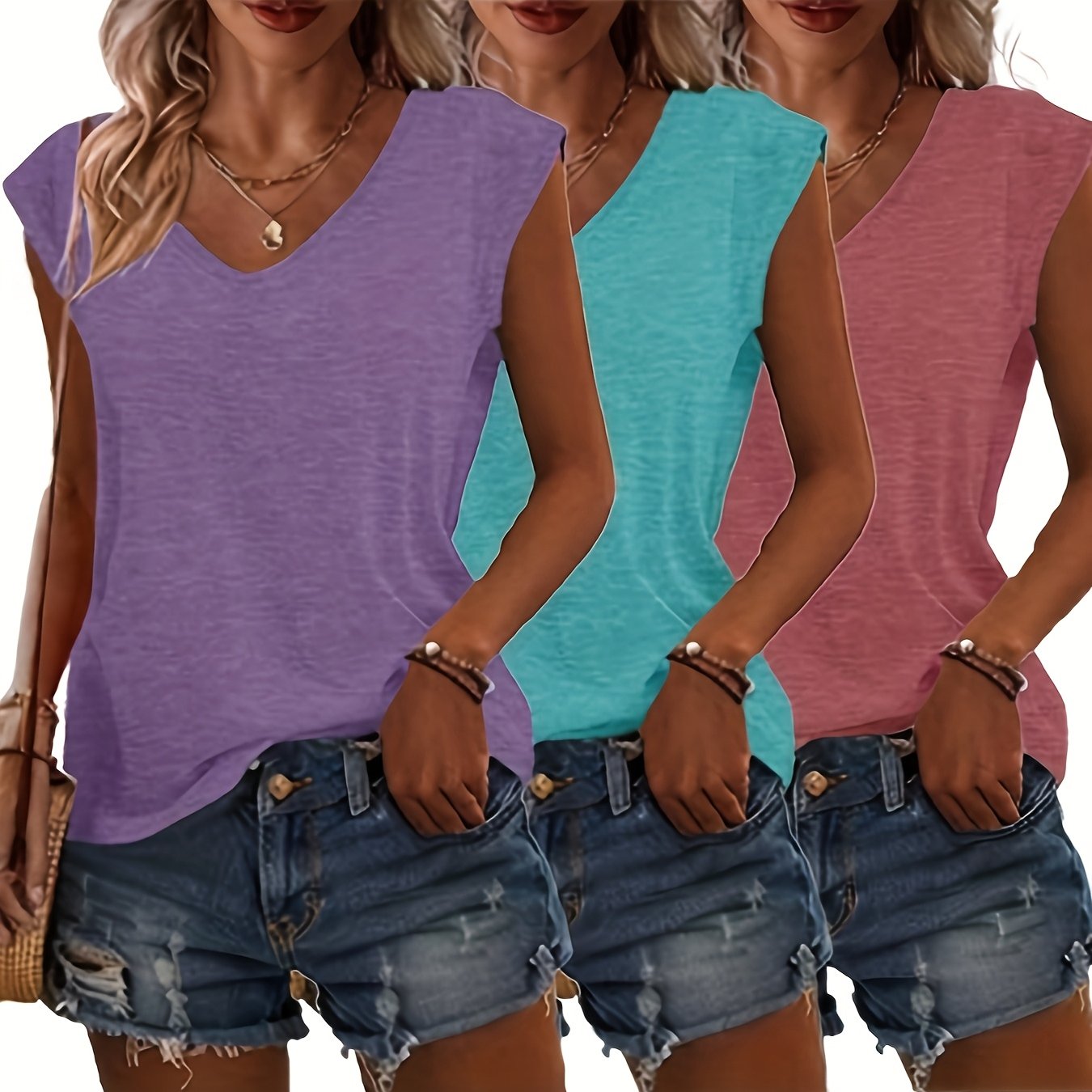 Three Solid Color V-Neck T-Shirts, Casual Short-Sleeve T-Shirts for Spring And Summer, Women'S Clothing.