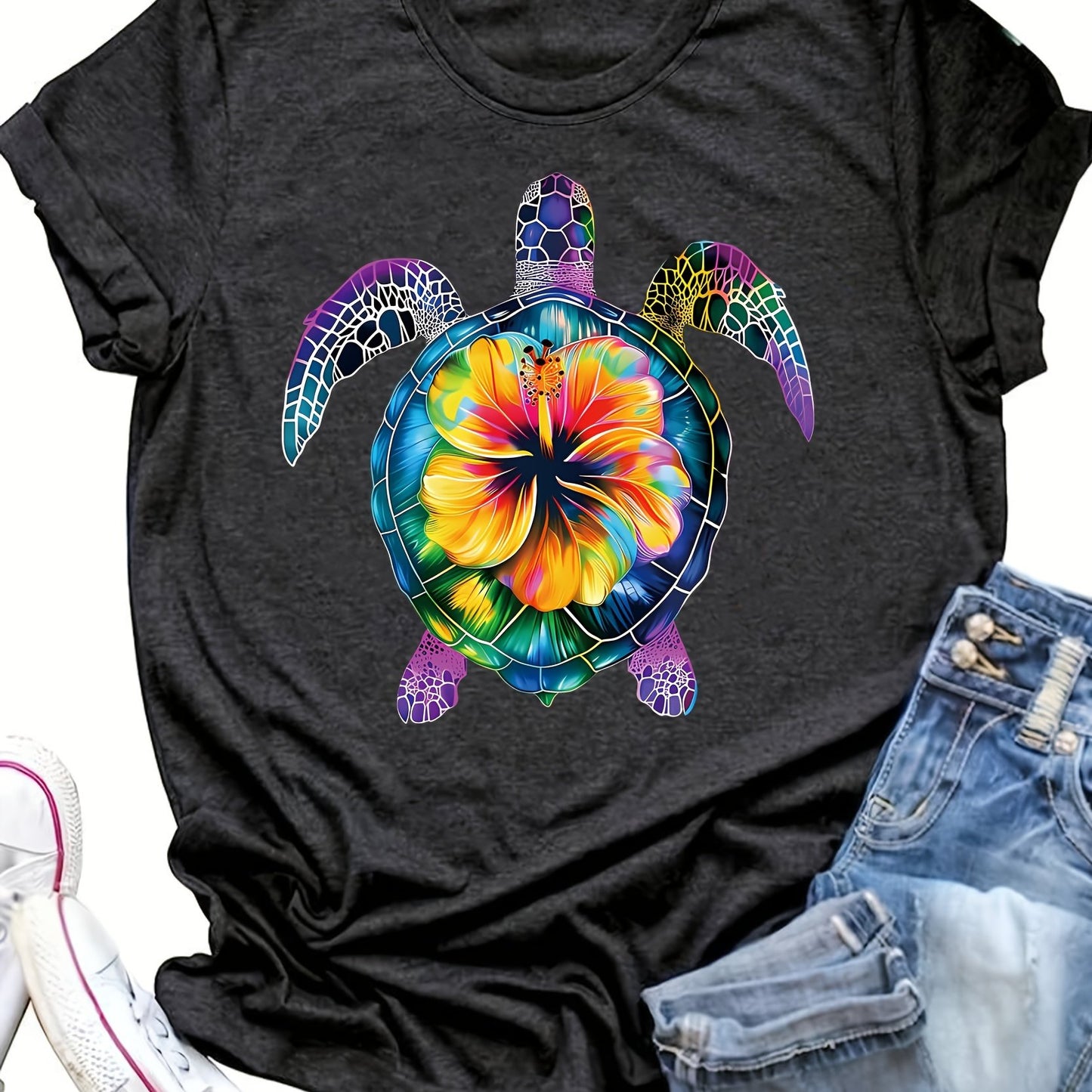 [Tropical Flowers] Turtle Tropical Flowers Print T-Shirt | Short Sleeve Crew Neck | Women's Clothing | Casual Top for Summer & Spring