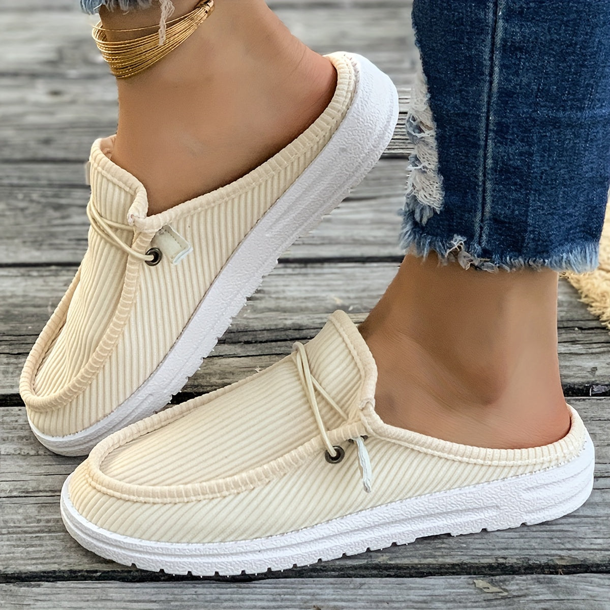 [Soft Beige Slip-On Sneakers] Women's Casual Slip-On Sneakers in Beige - Soft Fabric Upper with Tassel Detail, Round Toe Design, Comfortable PU Cover Sole - Easy Care Hand or Dry Clean for All Seasons, Breathable Slipons|Tass