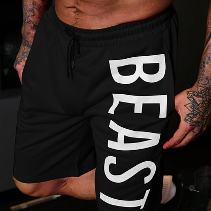 Letter Print "BEAST" Shorts With Drawstring And Pockets, Chic And Stylish Sports Shorts For Men's Summer Fitness And Outdoors Wear