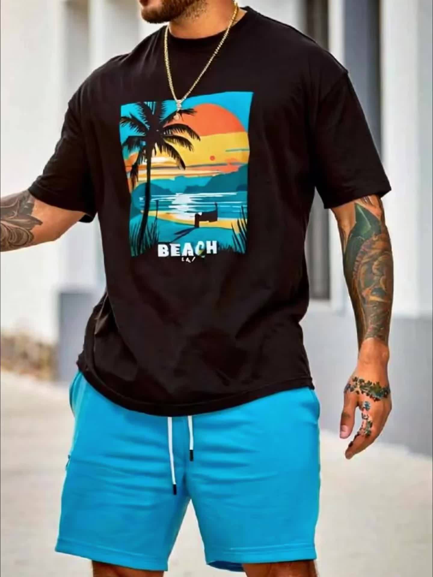 Men's Tropical Beach Print Cotton T-Shirt - Short Sleeve, Regular Fit, Casual & Sporty Design for Casual Attire, Spring & Summer Collection