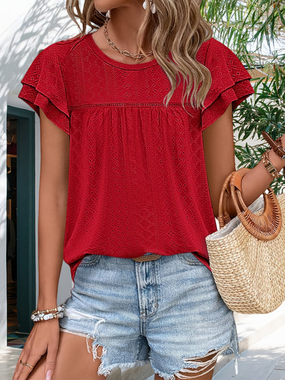 Women's Summer Eyelet Ruffle Sleeve Tunic Top - Casual Round Neck, Bright Orange, Breathable Polyester, Loose Fit Blouse for Casual Attire