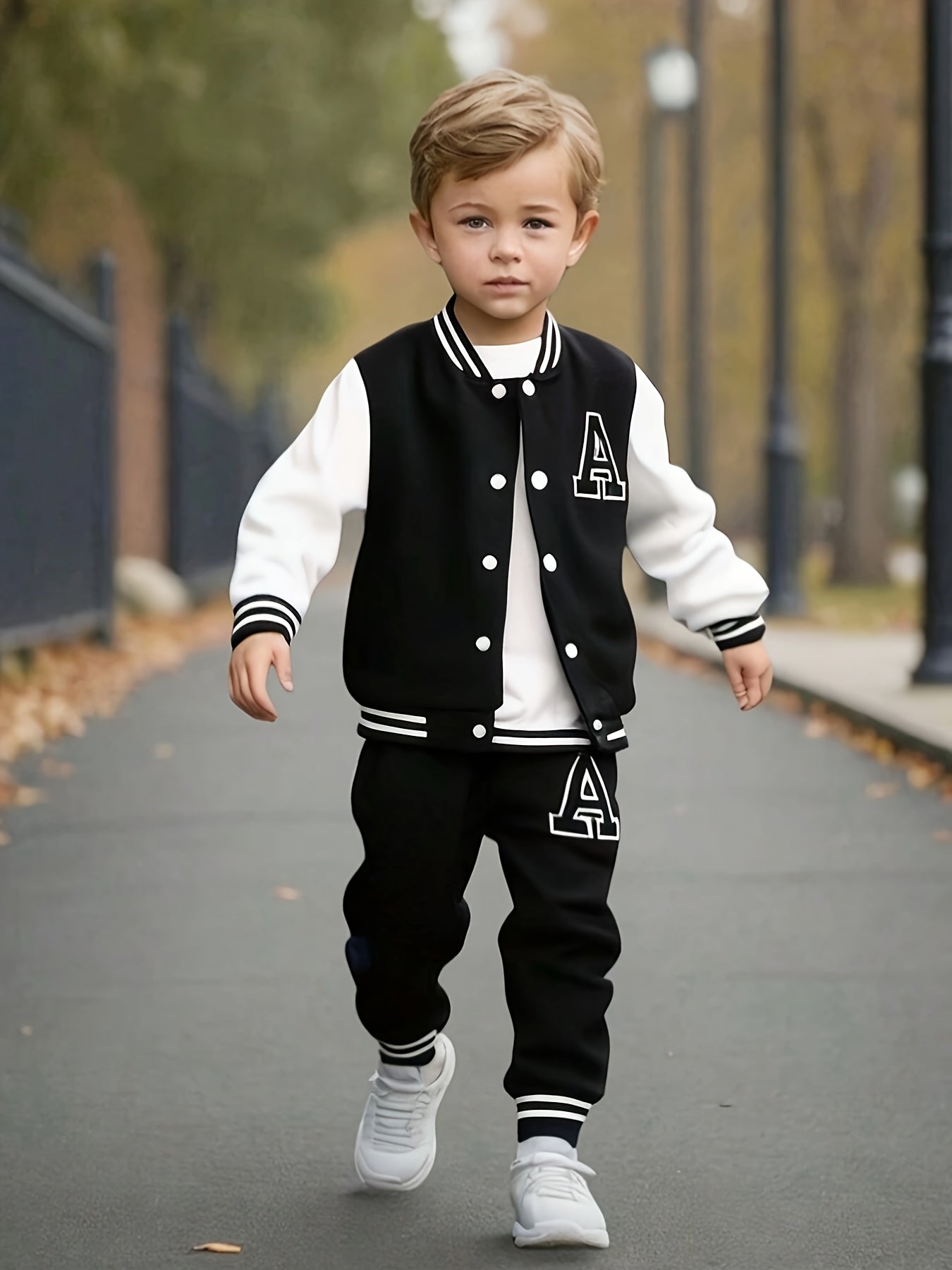 Boys' 2pcs Fall/Winter Casual Polyester Knit Baseball Suit with Long Sleeve Crew Neck Jacket and Matching Pants, Alphabet Print, Regular Fit - Button Detail, for Outdoor