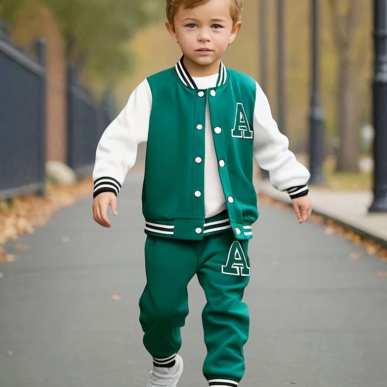 Boys' 2pcs Fall/Winter Casual Polyester Knit Baseball Suit with Long Sleeve Crew Neck Jacket and Matching Pants, Alphabet Print, Regular Fit - Button Detail, for Outdoor