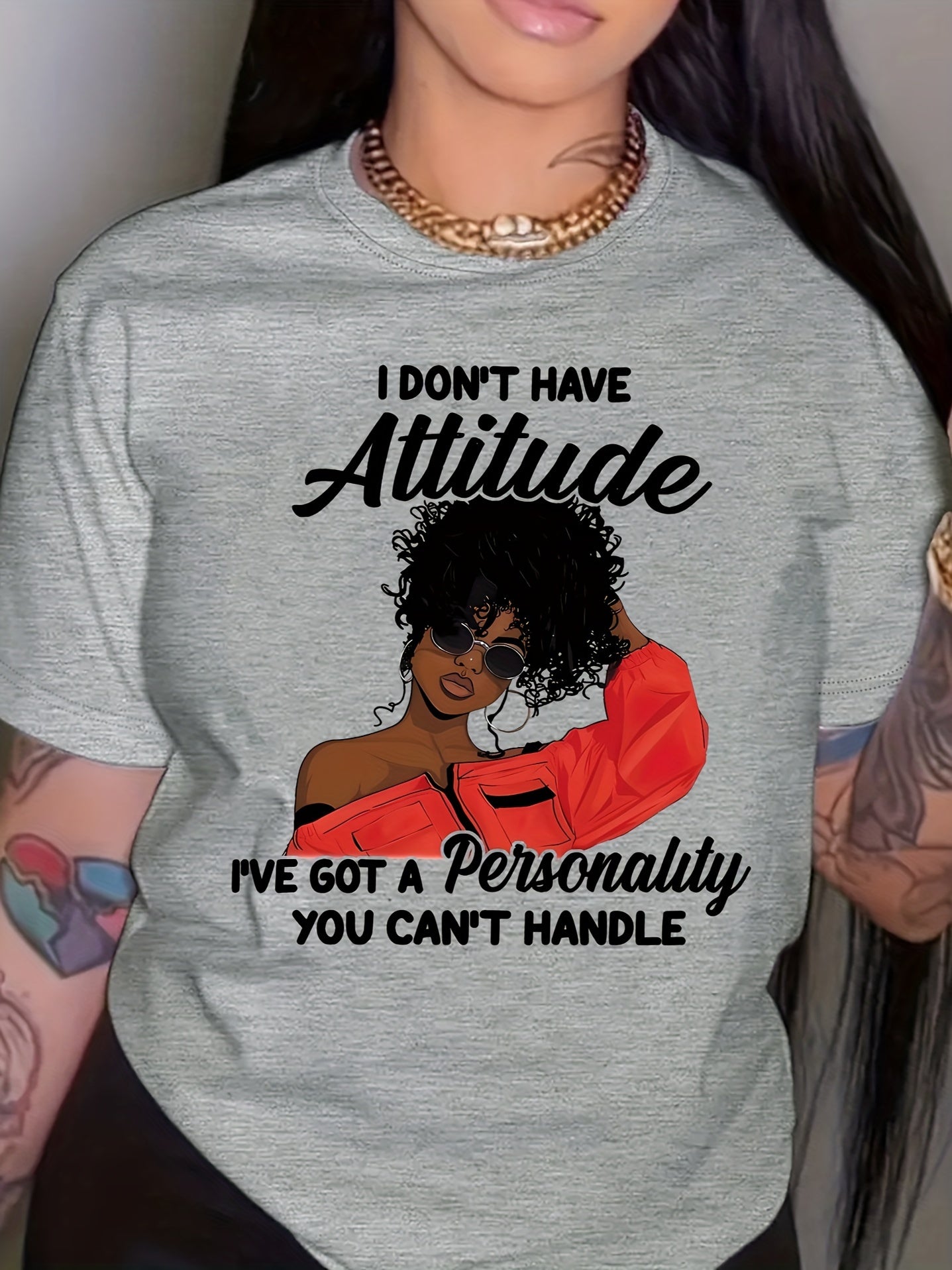 Women'S Casual Crew Neck T-Shirt with "I Don't Have Attitude, I've Got a Personality You Can't Handle" Print - Short Sleeve, Round Neck, Allseason Top, Casual Wear | Playful Print Top | Comfortable Fit, Ladies T Shirts