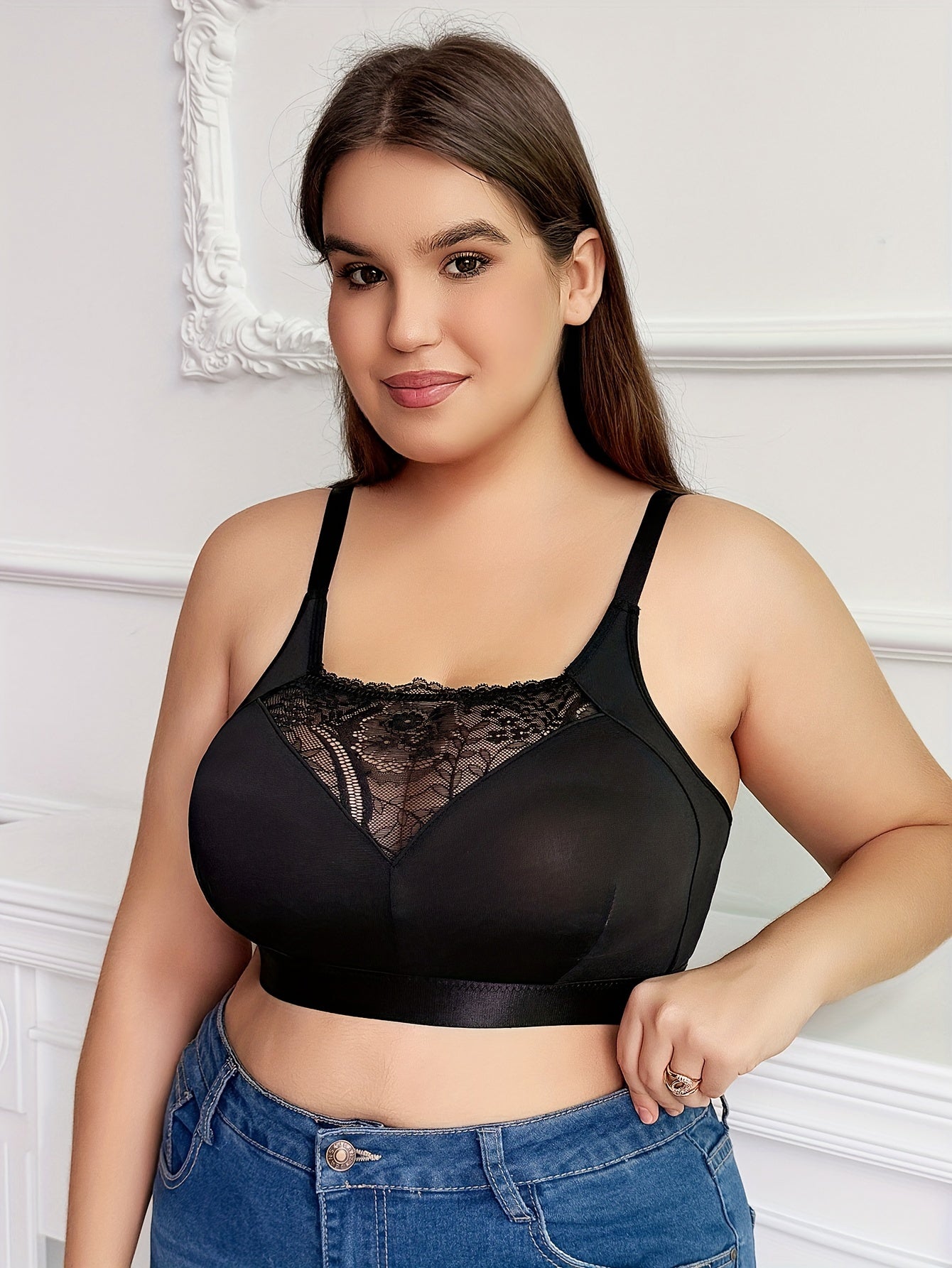 Plus Size Non Padded Contrast Lace Bralette - Attractive Full Cover Bra for Women