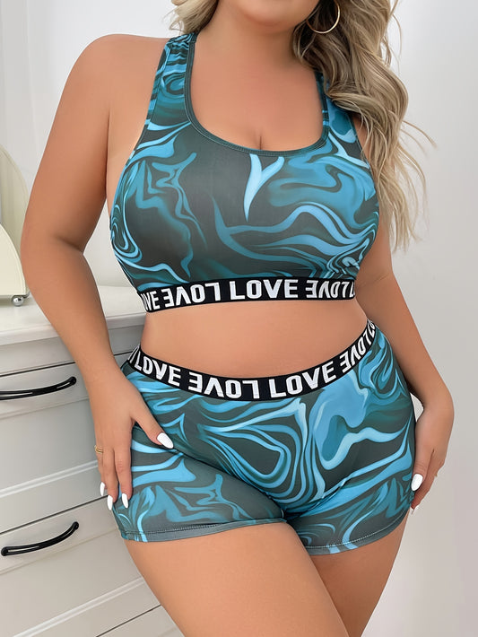 Plus Size Sports Lingerie Set - Stretchy & Comfortable Polyester Bra and Shorts with "LOVE" Waistband, Abstract Blue Marble Print, Racerback Tank Top Style for Activewear, Bra And Panty Set