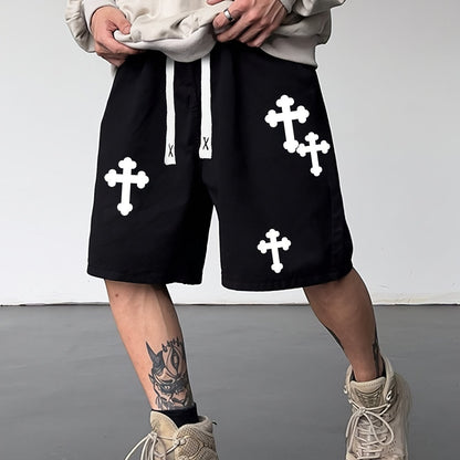 Black Polyester Casual Shorts - Regular Fit, Drawstring, Machine Washable & Dry Cleanable, Knit Fabric with White Cross Design