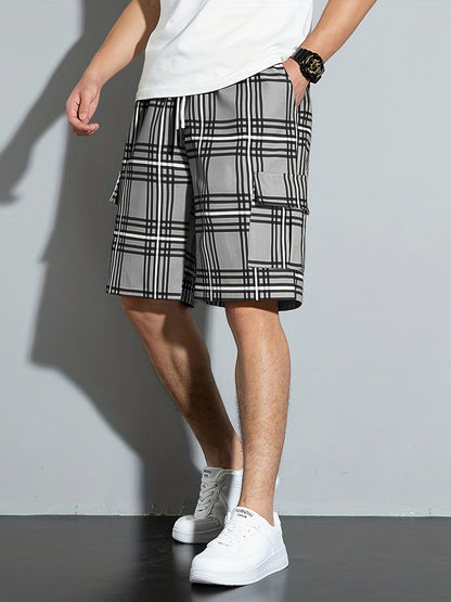 [Plaid Beach Shorts] Men's Plaid Drawstring Beach Shorts - Casual Cargo Shorts with Side Pockets for Summer Outdoor