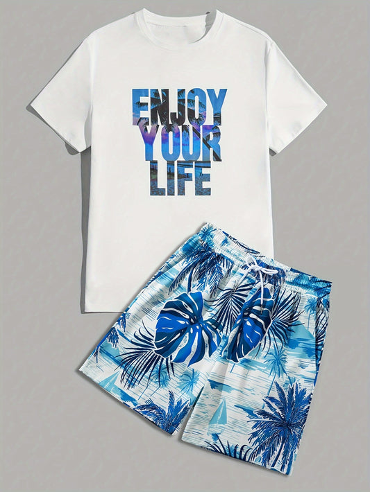 Men's Casual Outfit, Summer T-Shirt & Shorts Set - Comfortable Crew Neck Tee With Stylish Letter Print, Breathable Hawaiian Shorts With Drawstring - For Men - Perfect for Summer Vacation & Beachwear - Ideal Gift for Boyfriend