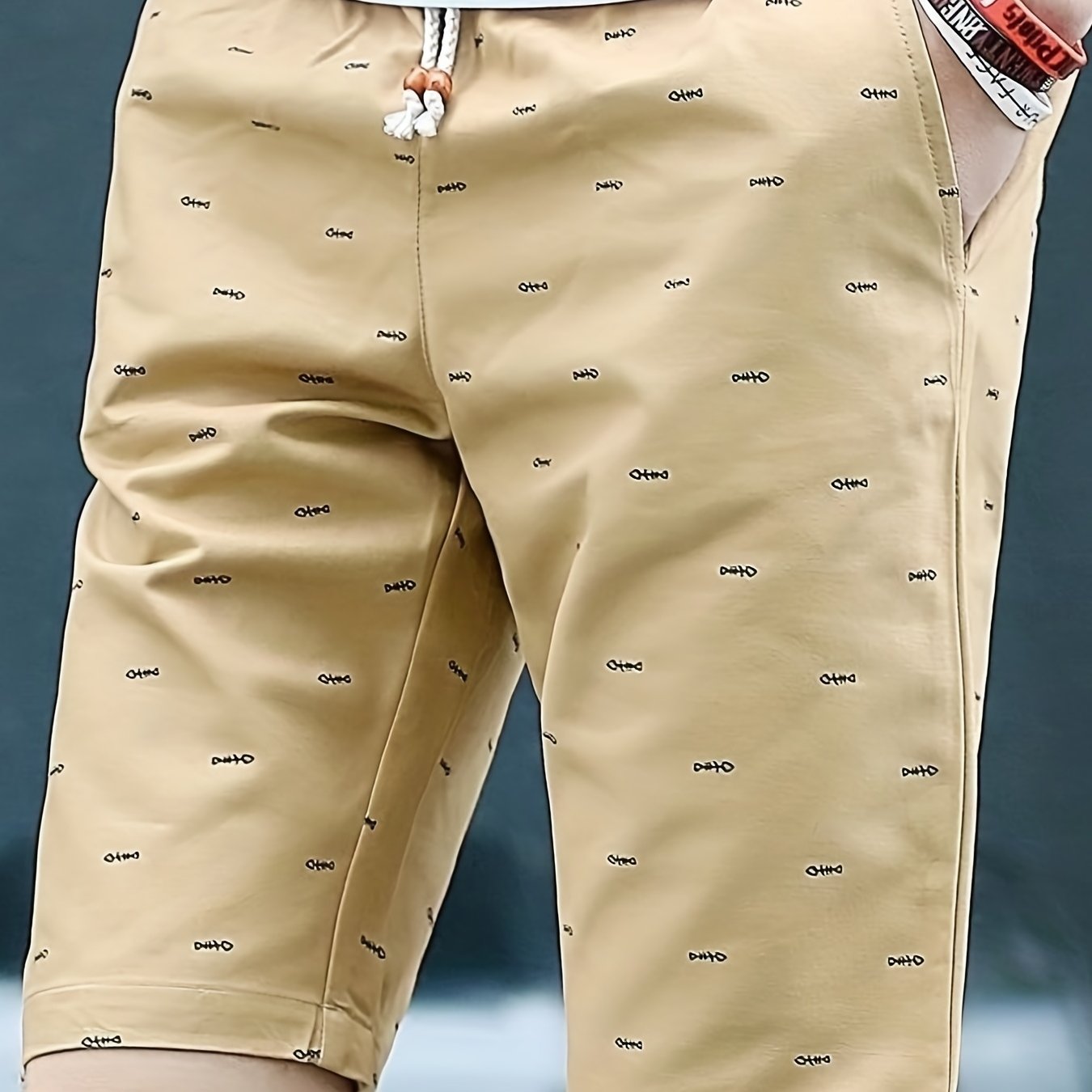 Men's Casual Beige Drawstring Shorts with All-Over Print - Lightweight Polyester, Adjustable Waistband, Machine Washable, Perfect for Summer Leisure