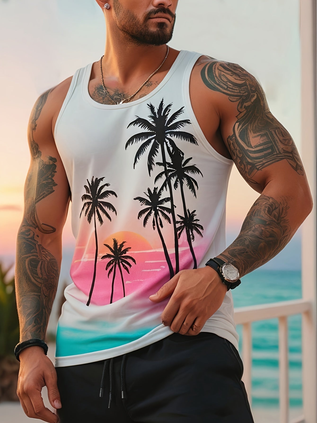 Men'S Stylish Beach Tank Top with Trendy Palm Tree Design. Premium Quality Digital Print.