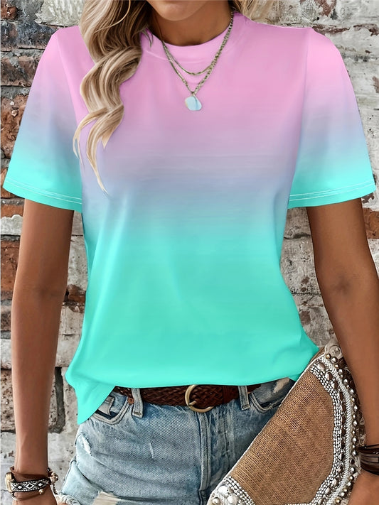 Short Sleeve Casual Gradient Crew Neck T-shirt - Women's Spring & Summer Clothing