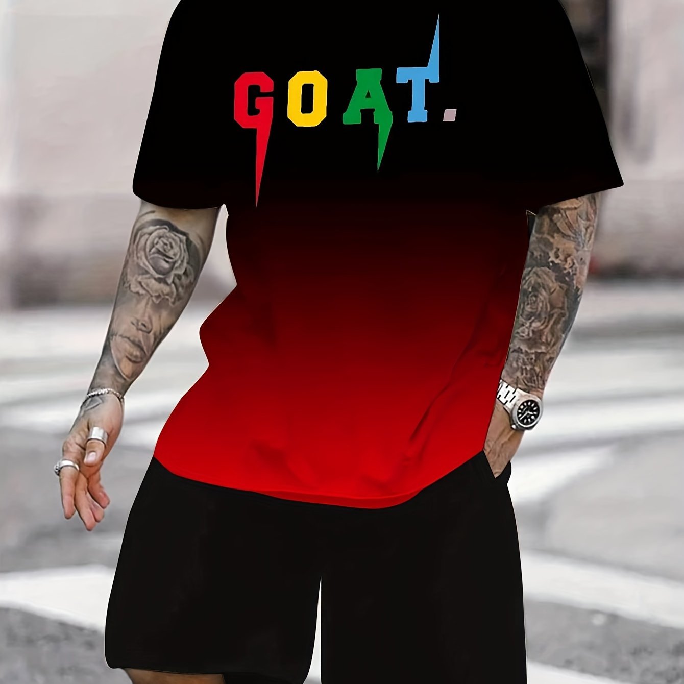 Men's Summer Sportswear Set - Breathable Polyester Gradient "GOAT" Print T-Shirt & Black Shorts, Casual 2pcs Jogging Tracksuit with Colorful Stripes, Workout Clothes