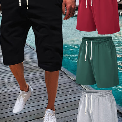 Summer Solid 4pcs Men's Drawstring Shorts - With Pockets For Outdoor Sports and Beach Holiday