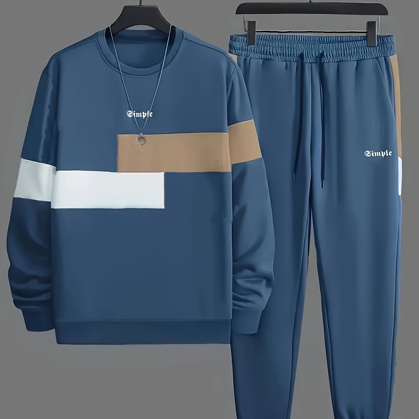 Men'S Color Blocked 2pcs Set, Casual Round Neck Long Sleeved Sweatshirt And Sweatpants Jogging Pants Set For Winter And Autumn, Men'S Clothing