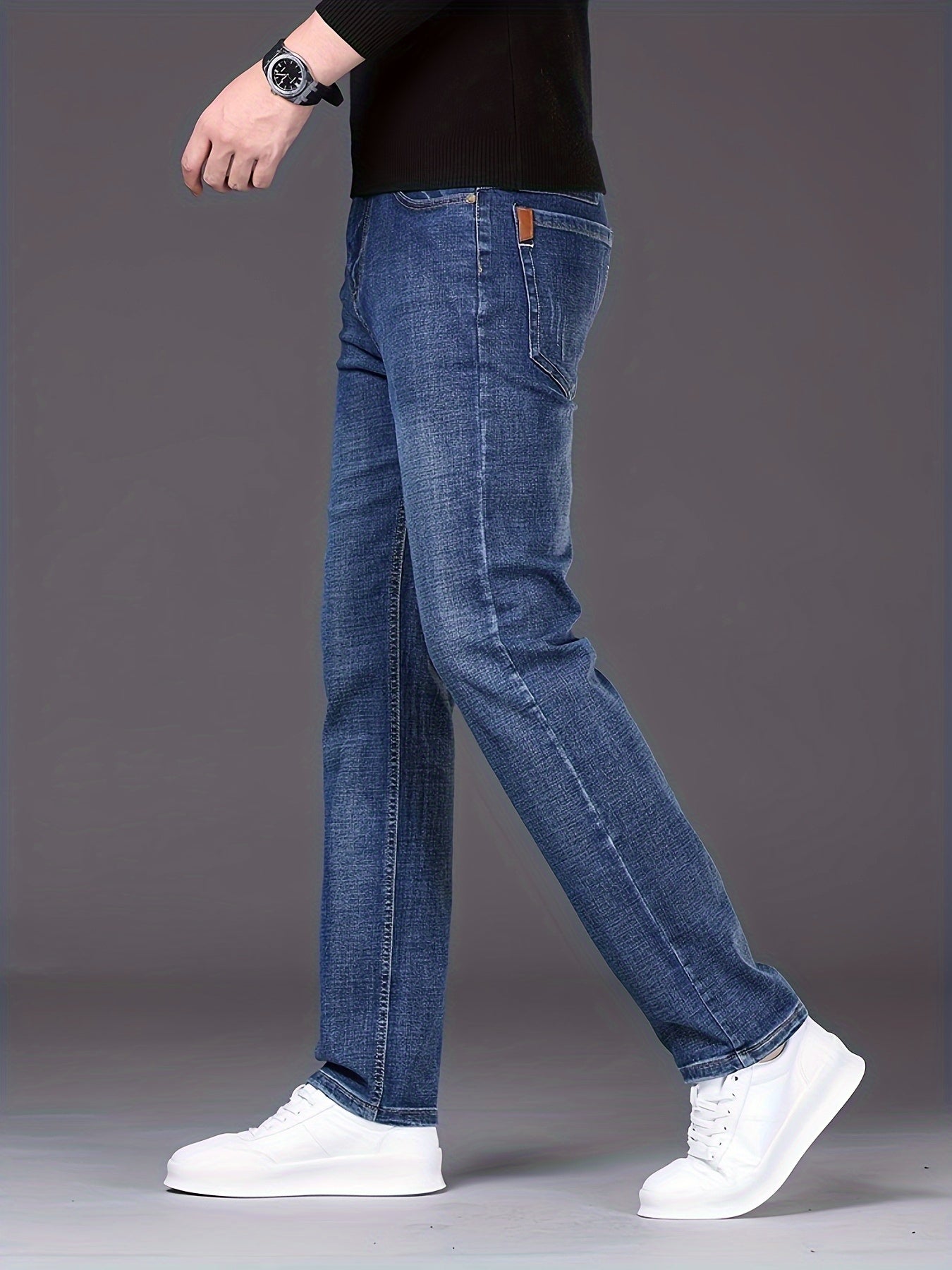 Lightweight Stretch Classic Blue Jeans - Men's Solid Straight-Leg Pants with Pockets, Machine Washable for Everyday & Outdoor Wear