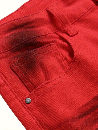 [Red Slim-Fit Stretch Jeans] Men's printed slim-fit red stretch casual jeans