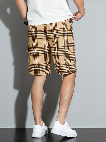 [Plaid Beach Shorts] Men's Plaid Drawstring Beach Shorts - Casual Cargo Shorts with Side Pockets for Summer Outdoor